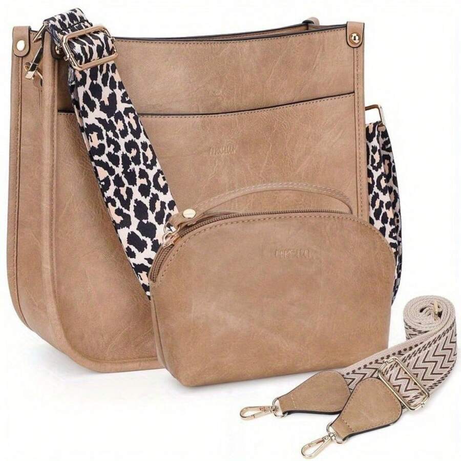 HKCLUF 4055 Crossbody Bag Purse For Women Leather Handbag Wallet Set Waterproof Women Crossbody Bag With 2count Adjustable Guitar Strap Perfect For Back To School
