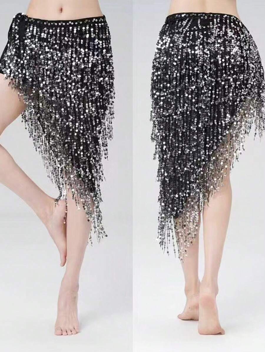 1pc Boho Belly Dance Waist Chain Tassel Waist Wrap Skirt, Dancer Waist Belt Sequin Waistband, Suitable For Festival Dance Performances Summer