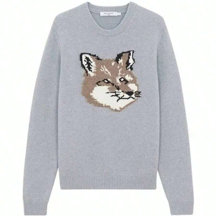 Maison Kitsuné Men's Big Fox Head Classic Pullover Wool Knit Top Grey