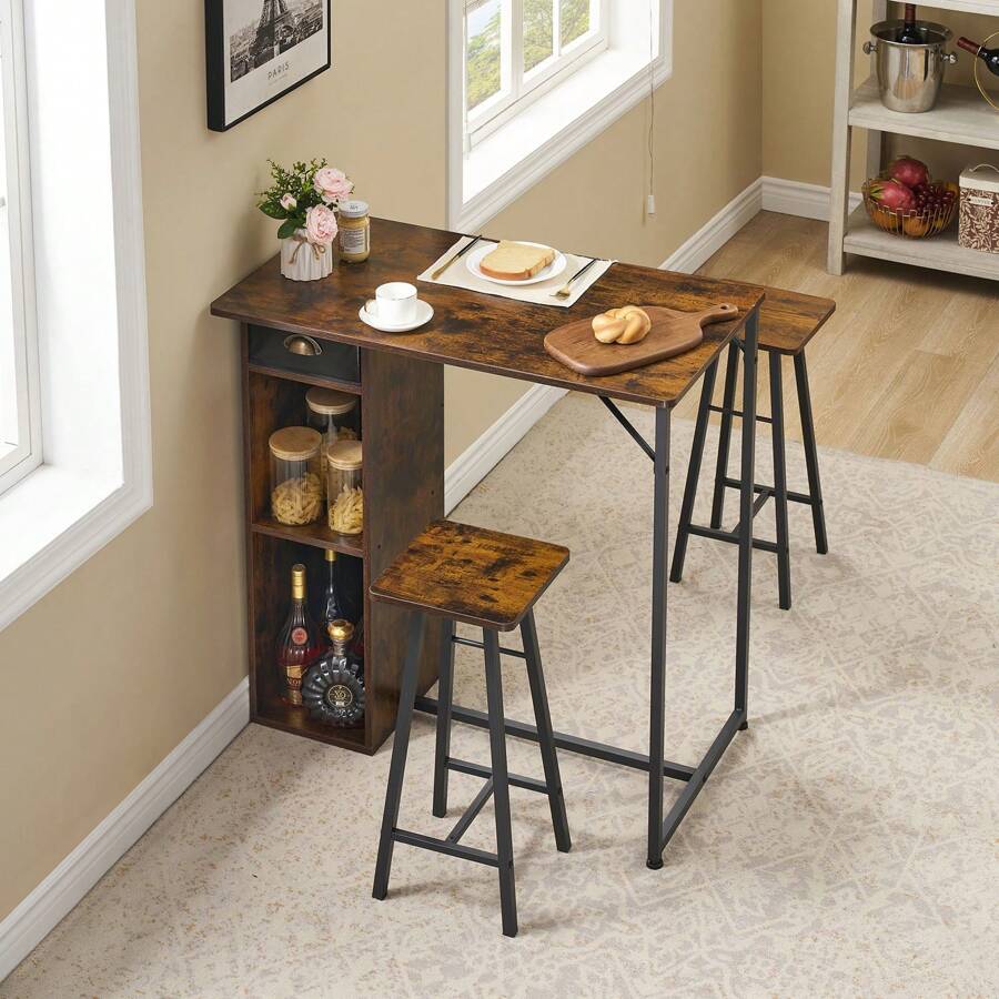 Small Bar Table And Chairs Set For 2, 3-Piece Bar Table Set With Storage Drawer & Shelf, Space Saving Table For Small Apartment, Living Room,Kitchen,Dining Room,Retro