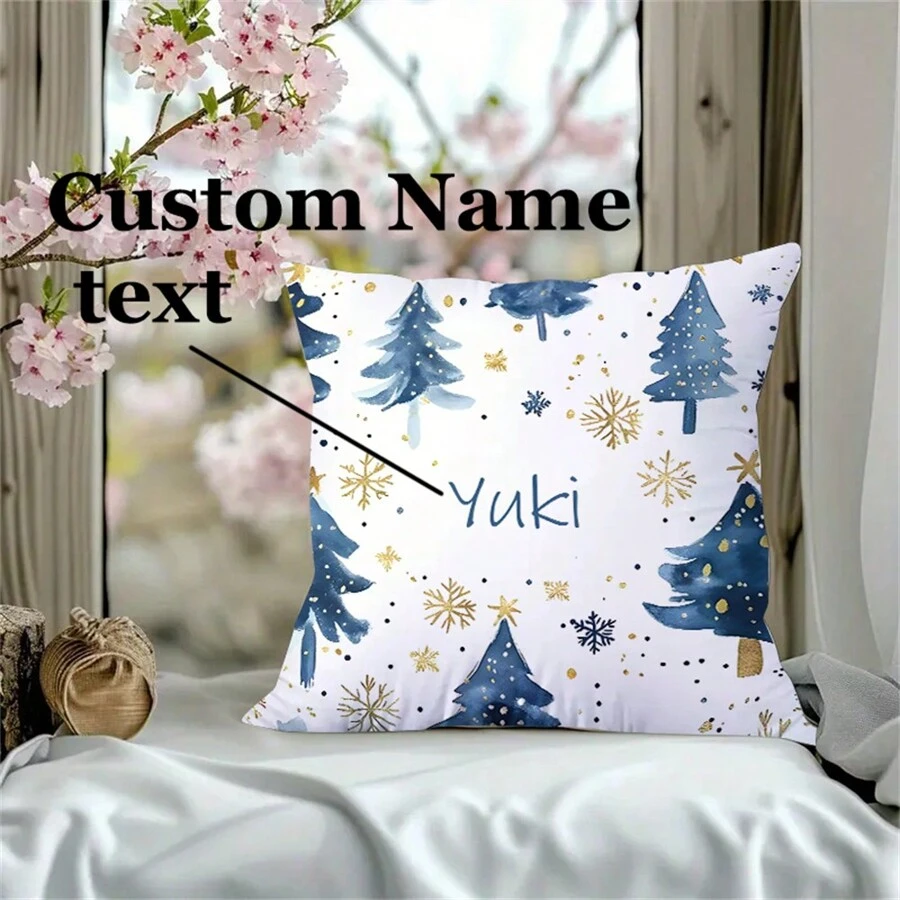1 pièce Taie d'oreiller imprimée sur un côté, fond de sapin de Noël bleu et neige avec motif de nom, décoration d'intérieur esthétique, emballage de style moderne, décoration de maison, chambre à coucher, bureau, maison, salon, chambre à coucher