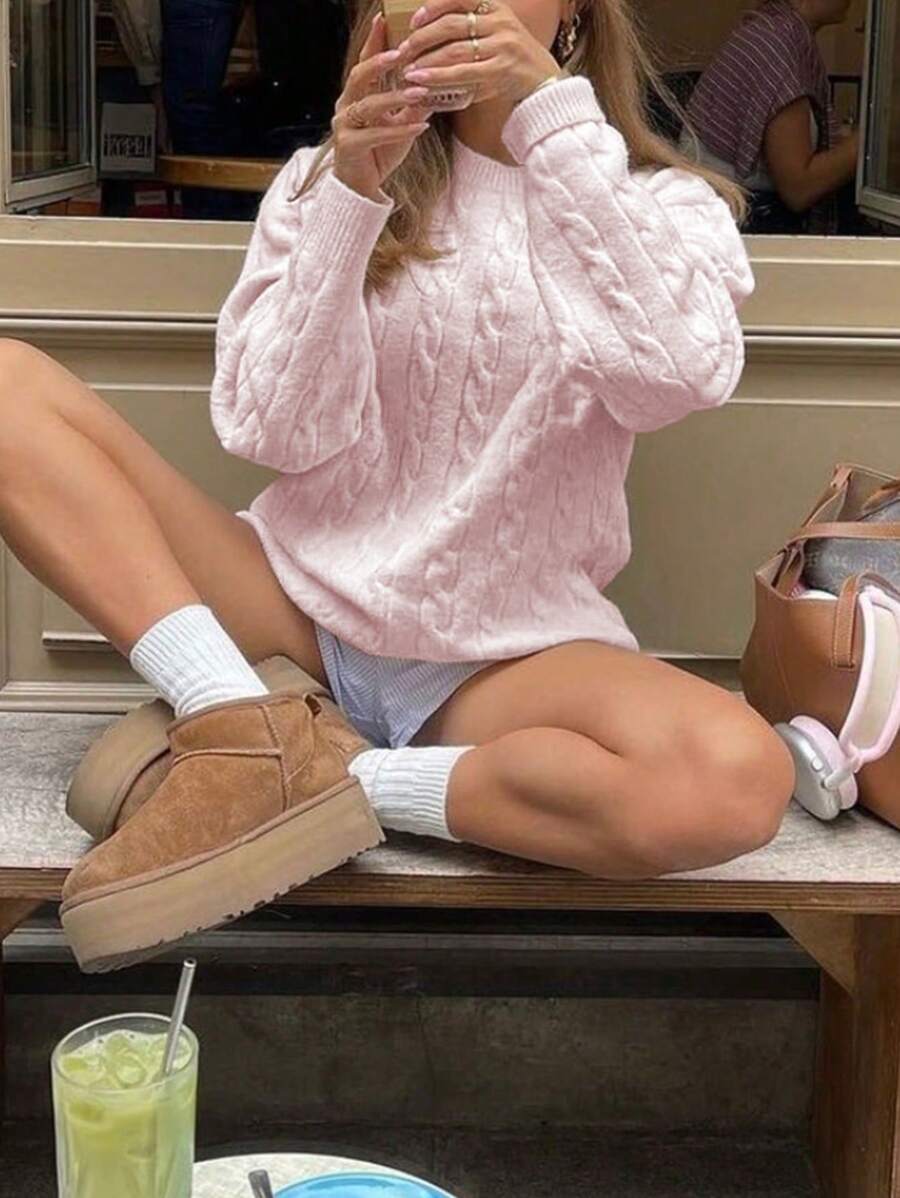 Spring/Autumn New Romantic Pink Twisted Flower Long Sleeve Knitted Sweater Holiday Tops Women Tops J Fashion Fashion Loose Valentine's Day Sweater Jumpers For Women