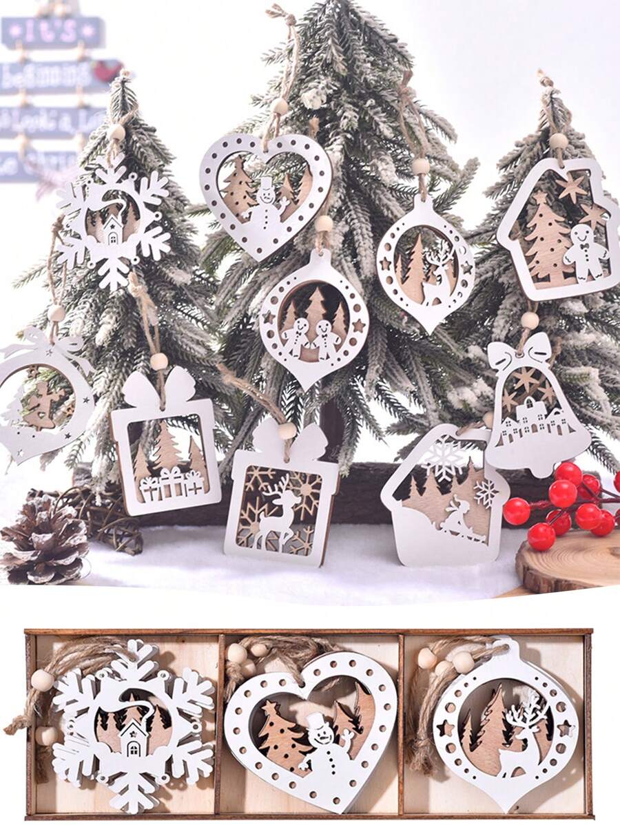 3PCS Farmhouse Drewniane ozdoby świąteczne w kształcie płatków śniegu, wiszące ozdoby choinkowe, drewniane ozdoby decoupage DIY Craft w kształcie płatków śniegu, rustykalne ozdoby reniferowe, zimowe dekoracje świąteczne w krainie czarów ze sznurkiem, Halloween, dekoracja na Halloween