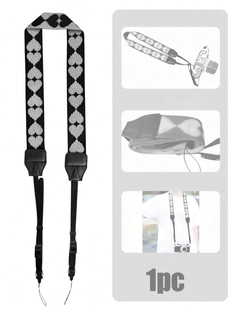 1 pièce Sangle d'épaule pour appareil photo DSLR en forme de cœur noir et blanc, convient pour différents appareils photo DSLR et certains appareils photo sans miroir