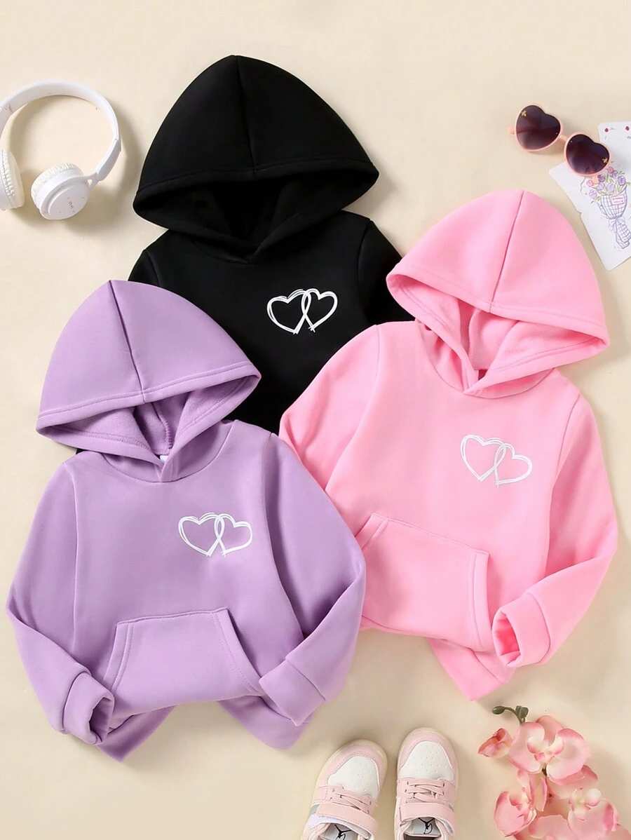Set de 3 piezas de sudadera con capucha con estampado de corazón para niña, conjunto de ropa casual y deportiva cómoda y abrigada para exteriores