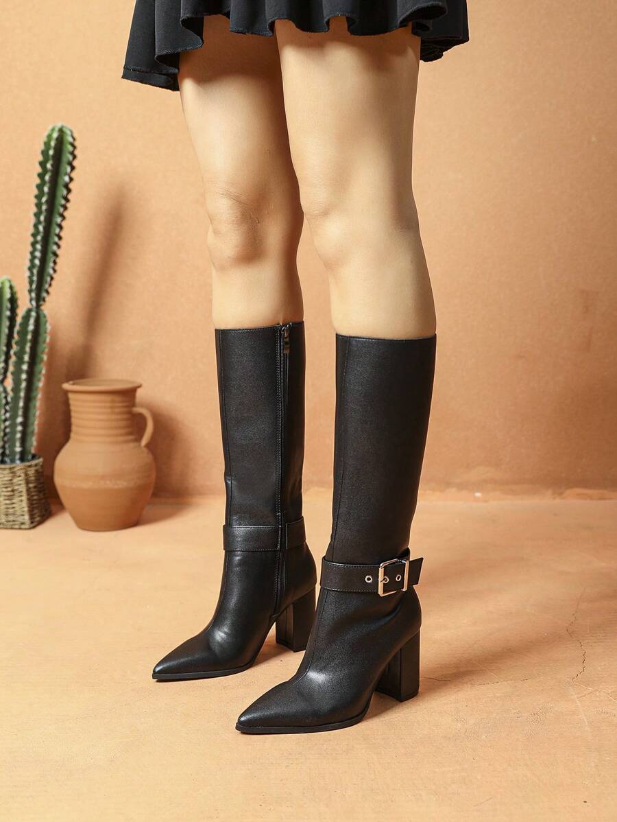 Autumn Winter New Fashionable Versatile Sexy Outdoor Black British Style Chunky Heel Pointed Toe Over-The-Knee Boots For Women
