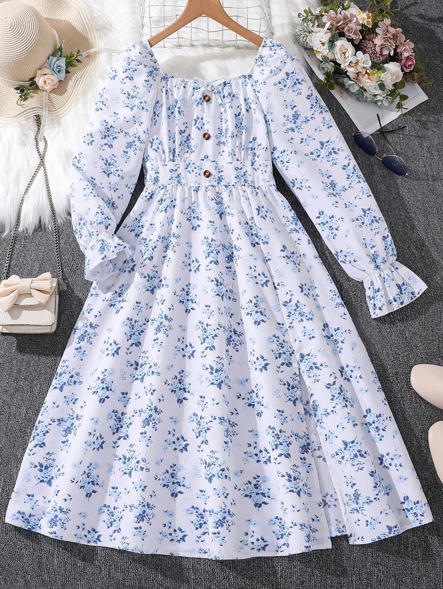 Tween Girls Ditsy Floral Bow Decor Square Collar Long Sleeve Dress, Geschikt voor Feesten en Vakanties, Lente Herfst