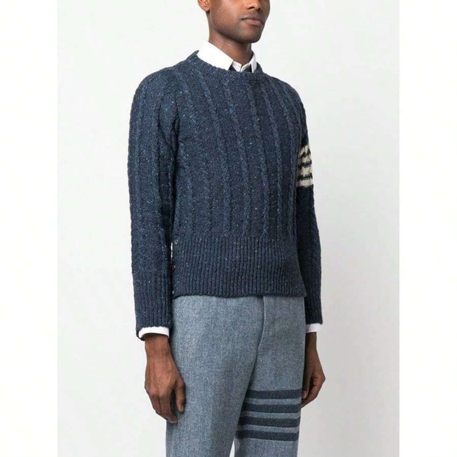Thom Browne Donegal Twist Cable 4-Bar Classic Crewneck Knit Top Blue