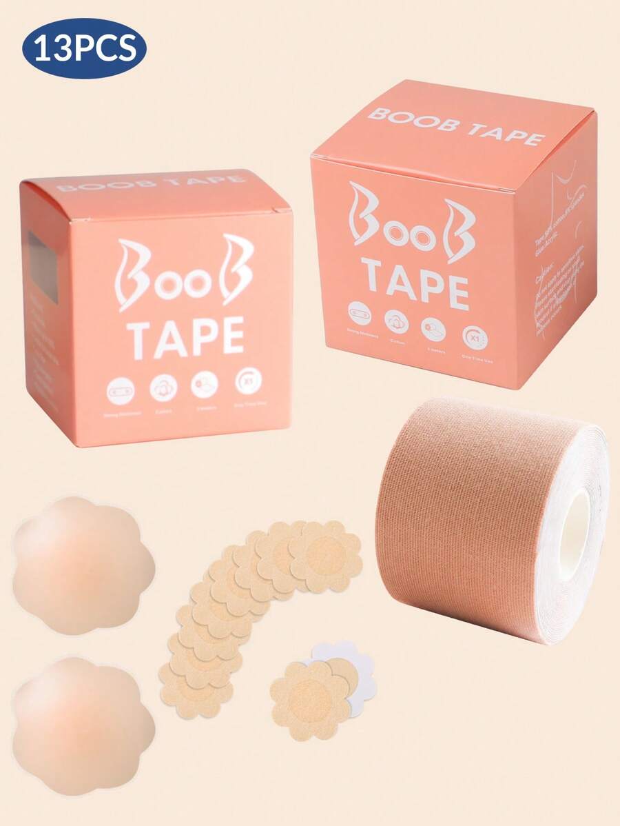13pcs Replacement Breast Lift Tape - Breast Lift Bra For Shaping - Achieve Breast Lift And Contour - Waterproof Bob Tape (Includes 5 Pairs Of Non-Woven Disposable Nipple Covers, 1 Pair Of Silicone Nipple Covers, And One Roll Of 5m Breast Lift Tape)