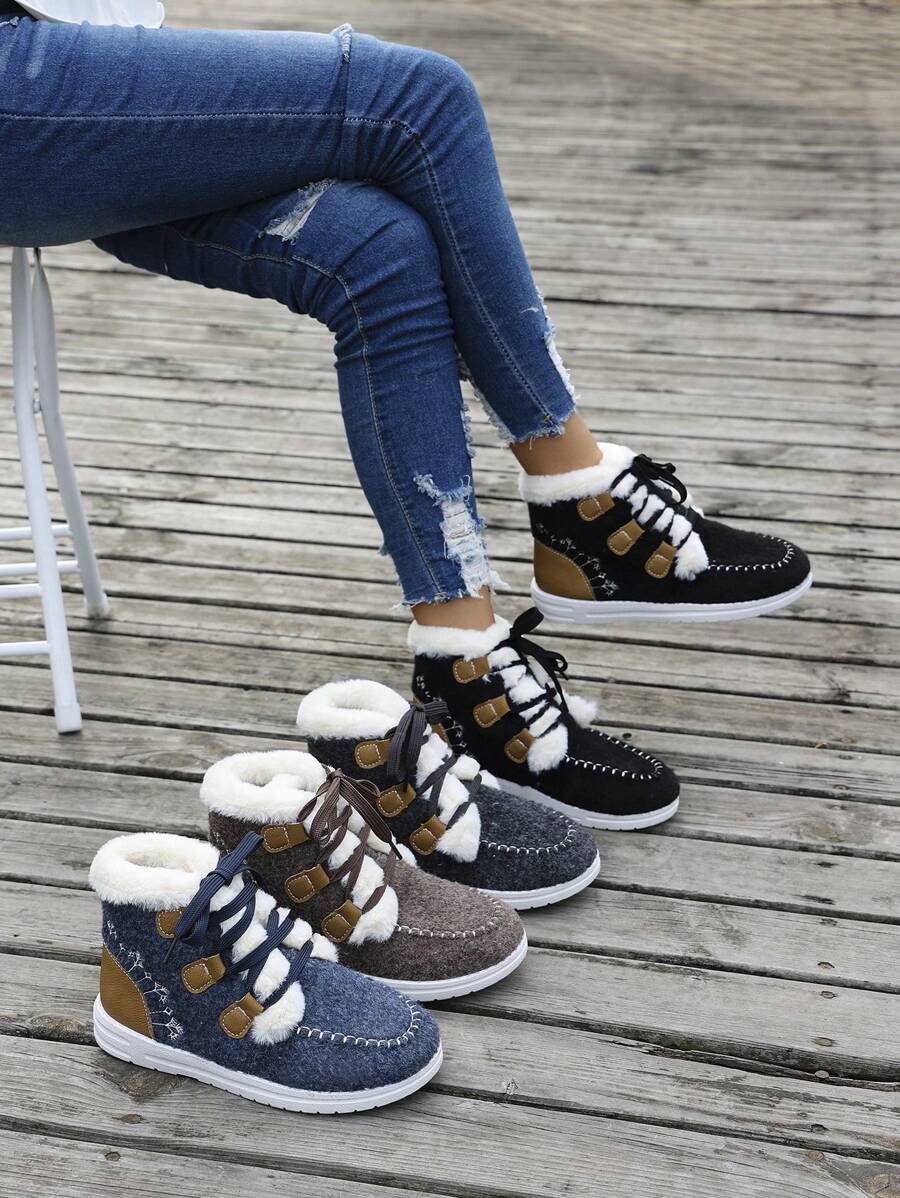 Women Fall Lace-Up Warm Flat Ankle Boots, Fashionable Casual Winter Shoes