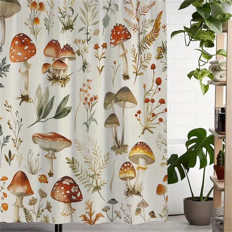 Ultimate Waterproof Shower Curtain With Mushroom And Plant Print - Includes 12 Hooks - Machine Washable - Artistic Design - Polyester Material - Woven Fabric Home Bathroom Decor Fall Decor Bathroom Accessories Back To School