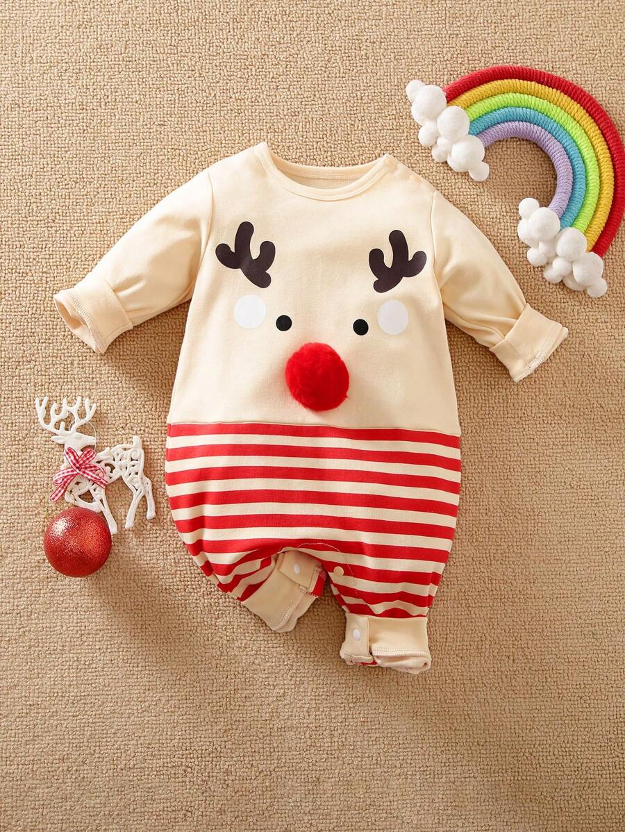 Yierying Pasgeboren babyjongen schattige rendier grafische rode neus gestreepte lange mouw romper, voor Kerstmis