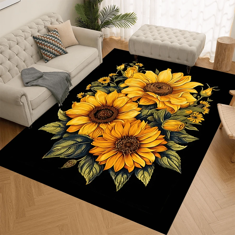 1 Stück rutschfester Teppich mit "schwarzem Hintergrund und einem Strauß Sonnenblumen", maschinenwaschbar, Teppich für Eingang, Wohnzimmer, Schlafzimmer, Kinderzimmer, Outdoor Terrasse, Garten, Wohndekoration, Raumdekoration, Flächenteppich, Wandteppich