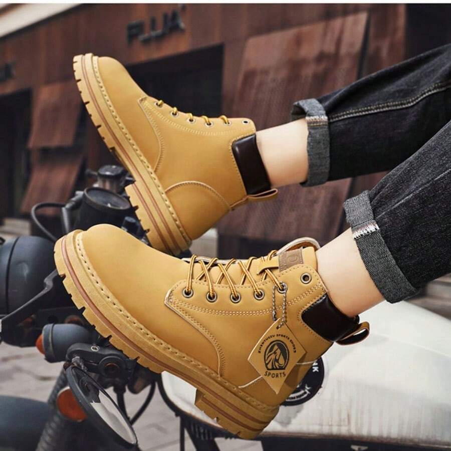 Heren Modieuze Klassieke PU Leren Laarzen, Nieuwe Casual Plus Size Laarzen, Hoge Top Veterschoenen Comfortabele Duurzame Casual Wandelschoenen, Trekkinglaarzen, Geschikt Voor Buitenactiviteiten Voor Mannen, Klassieke Kleurstelling, Duurzaam En Comfortabel, Dikke Zool, Geschikt Voor Alle Seizoenen