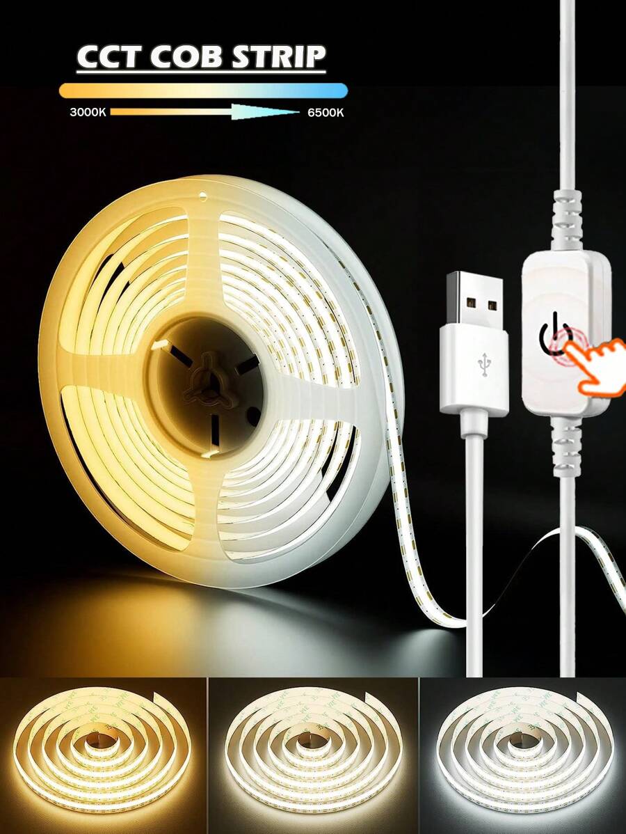 Acosh Neon USB LED Strip Lights White/Warm CCT Tunable LED Light, 5V Dimmable 2700K-6500K COB LED Tape Lights Monitor TV Backlight, Under Cabinet Light Strip For Cabinet, Bedroom, Home DIY Lighting 500Leds/M