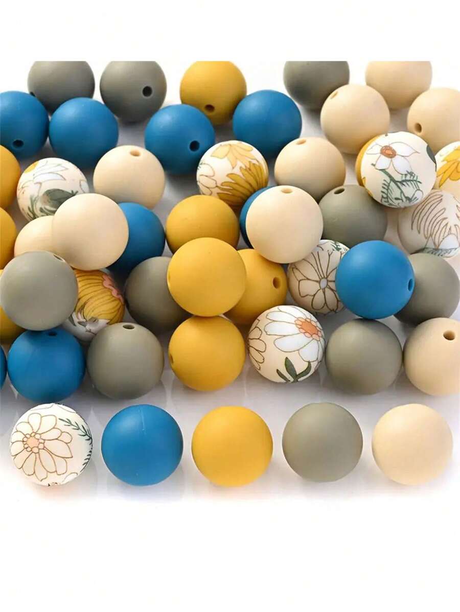 50 peças 15mm Silicone Contas Espaçadoras Redondas, Contas de Borracha com Estampa de Flores para Fazer Chaveiro Pulseira Colar Acessórios DIY