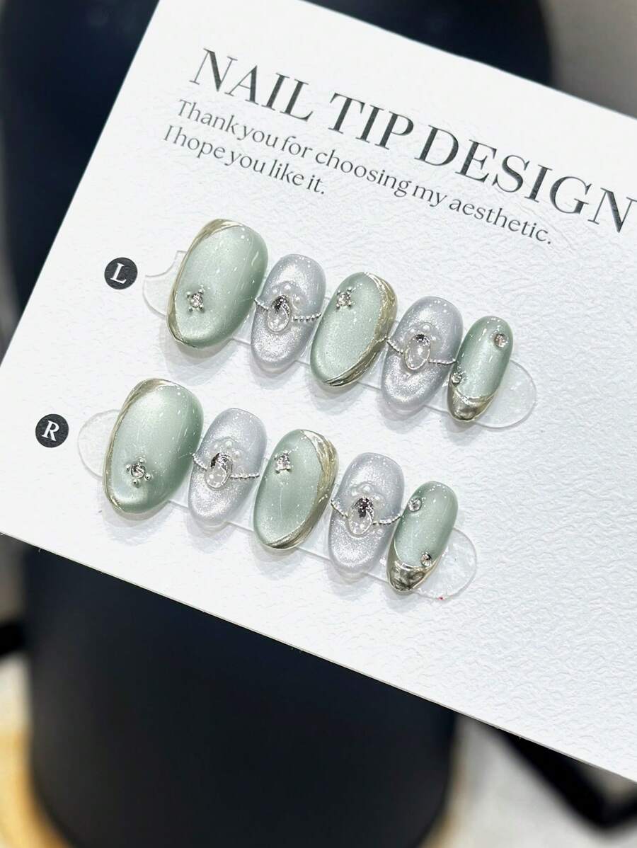 10 piezas de puntas de uñas cortas con forma ovalada hechas a mano, elegante degradado de color de ojos de gato verde espejo, accesorios de arte de uñas delicados y de alta gama adecuados para damas en diferentes ocasiones, con juego de puntas de uñas a presión