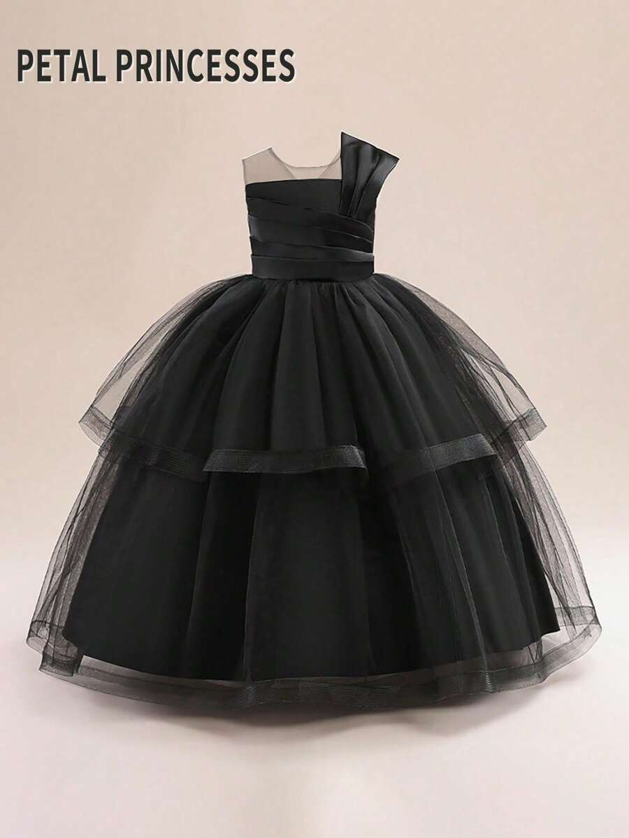 Petal Princesses Tween Girls Solid Satin & Mesh Contrast Elegant Piano Recital Dress For School Performance, Birthday Party