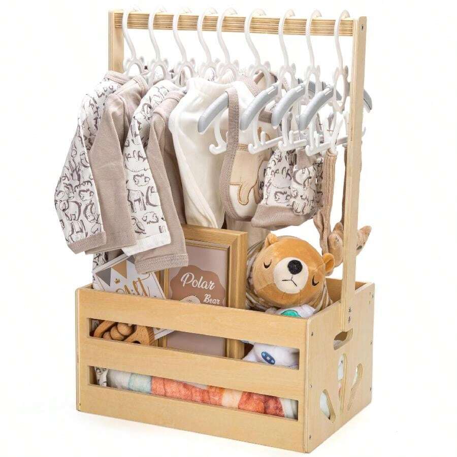 1pcs Wooden Baby Shower Crate Closet, Baby Storage Crate With Handle, Basket For Baby Shower Gifts, Welcome Gift Basket For Newborn Boys Girls, Pregnancy Gifts For New Parents