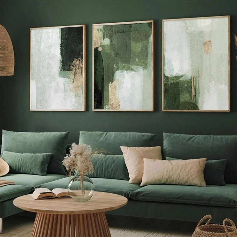 Set Optional Frame - Green And Gold Abstract Wall Art Green Abstract Picture Wall Decor Sage Green Abstract Painting Set Of 3 Modern Abstract Wall Art Green Geometric Art Print Modern Green Abstract Art No Frame