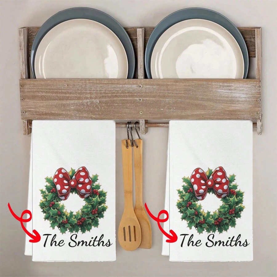 2PCS Personalized Christmas Towel, Personalized Christmas Wreath Kitchen Towel, Custom Christmas Towel, Custom Name Kitchen Towel, Holiday Decor