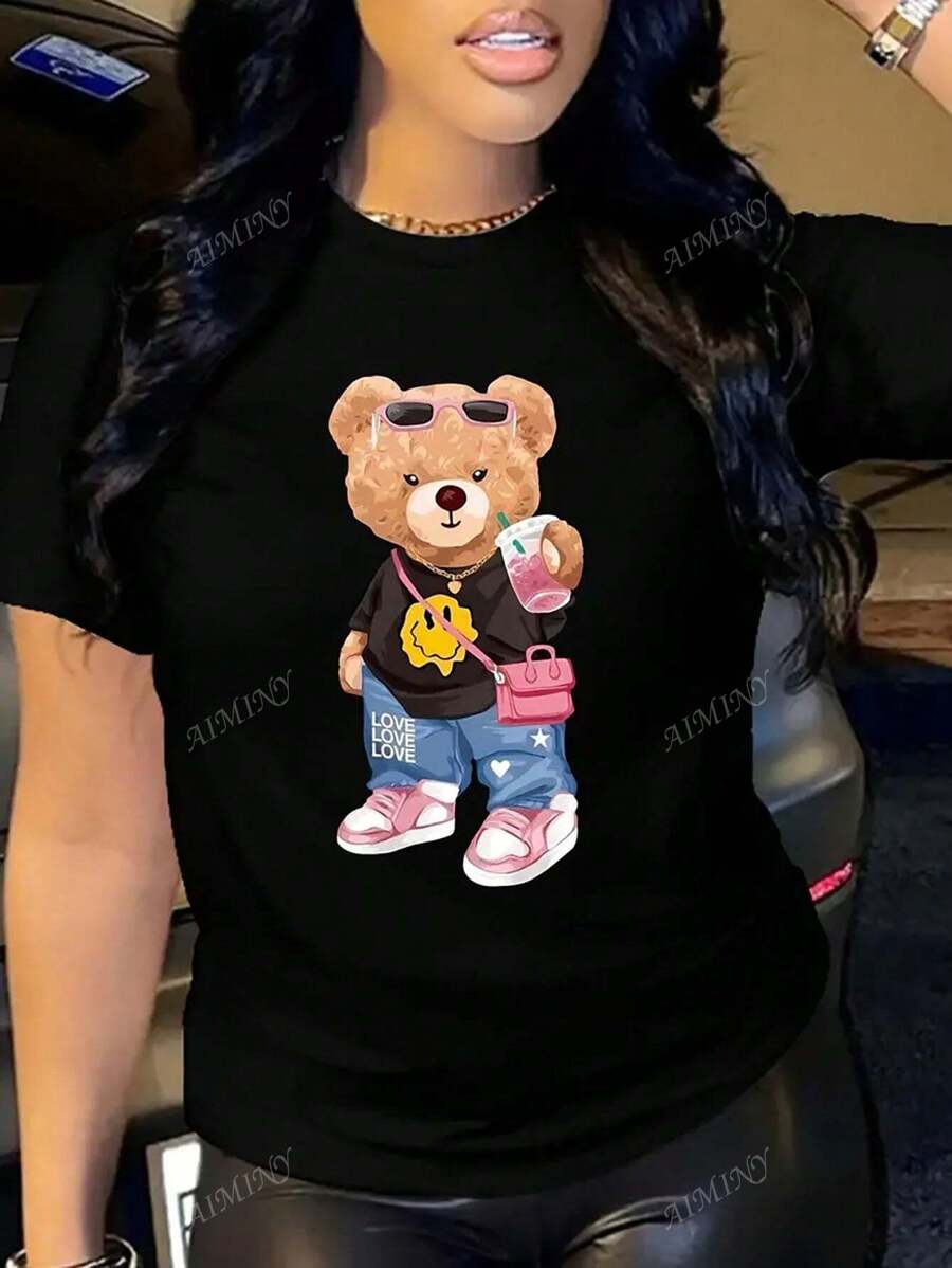Camiseta estampada de oso blusa casual de cuello redondo de manga corta verano y primavera ropa de mujer