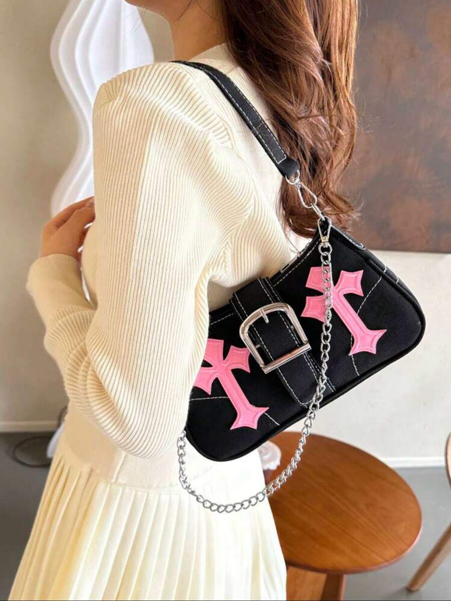 Women's Star Pattern Y2K Shoulder Bag, Simple Large Capacity Tote Bag Travel Storage Bag, Hot Girls Clutch Evening Bag Banquet Square Handbag & Satchel Purse For Wedding Party Prom, Women's Chain Decor Underarm Bag Casual Phone Coin Bags, Niche Design, Steampunk, Goth,Bag For Women, Cool Girls Street Wear,Peferct For Music Festival, Concert, Rock Style Bag For Women, Y2k Bag, 2000s Fashion Style, Gothic Punk Bag For Women
