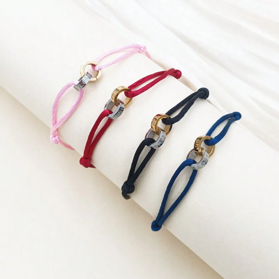 1 pieza Nuevo brazalete de doble anillo de la suerte con brazalete de doble anillo de acero inoxidable, cuerda, apto para uso diario