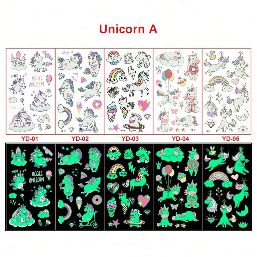 Set de 5 pegatinas temporales, pegatinas temporales resistentes al agua con diseño de lindos unicornios que brillan en la oscuridad, suministros para fiestas de cumpleaños, regalos de pegatinas, pegatinas de dibujos animados