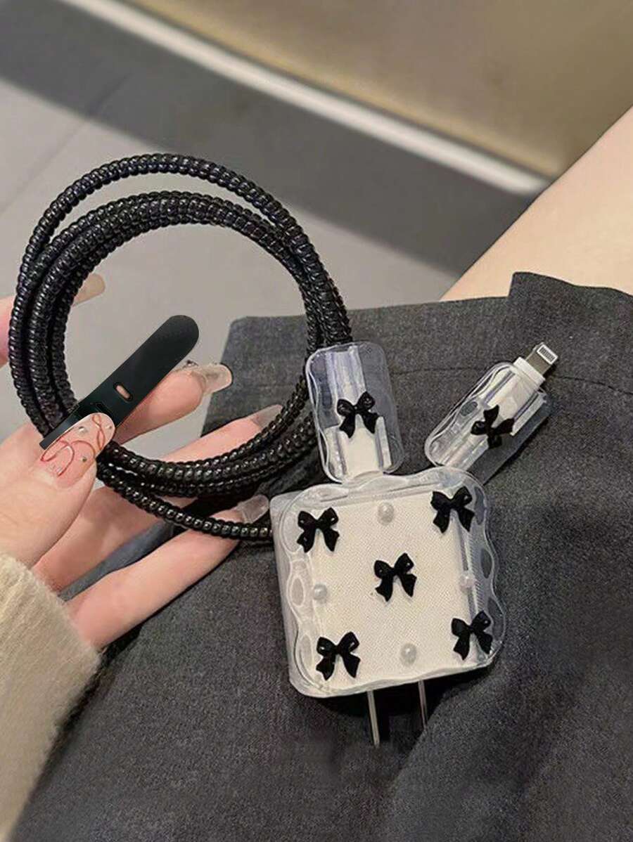 5pcs Black Bow Data Cable Protector Compatible With 20W Apple Charger Charger Protector