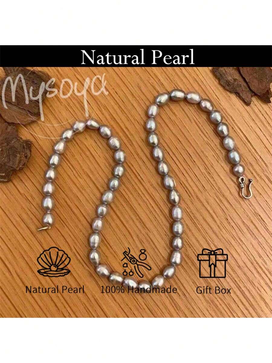 MYSOYA 100% Handmade Natural Gray Freshwater Faux Pearl Necklace, 7-8mm Faux Pearls, Gift Box Included. Perfect Gift For Him/Her, Suitable For Daily Wear, Birthday, Anniversary, Wedding, Valentine's Day, New Year