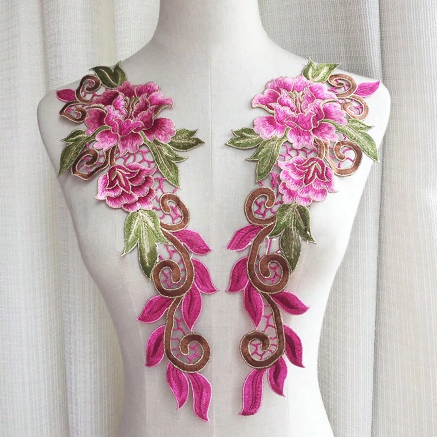 1 Pair Pink Metallic Thread Water Soluble Embroidered Floral Patches, For Wedding Dress And Garment Decoration