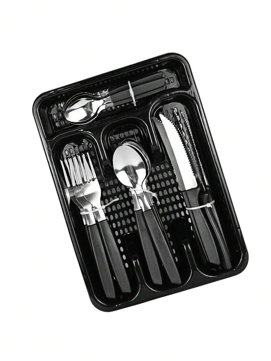 Jogo talher 25 peças Inox com Cabo Plástico Preto Colher Garfo Faca de mesa Organizador