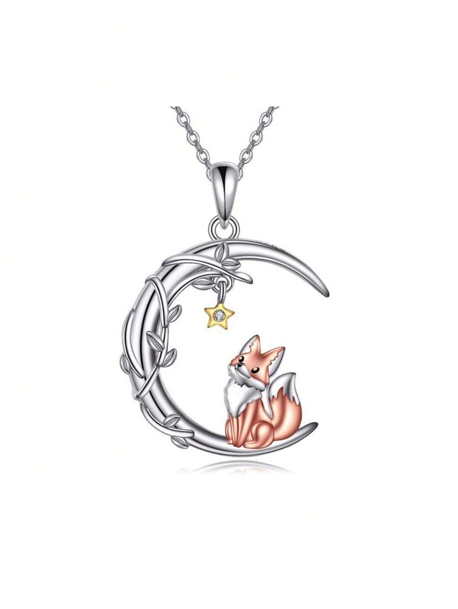 1 pièce Collier pendentif élégant avec branche d'arbre, lune croissante et renard en cristal, à porter au quotidien et en cadeau