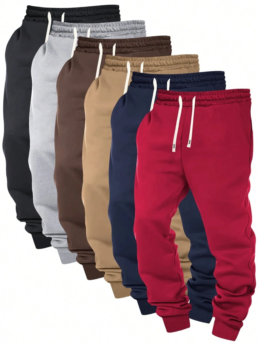 6pcs Spring & Autumn New Solid Color Elastic Waist Drawstring Men Jogger Sweatpants, Straight Leg Trousers