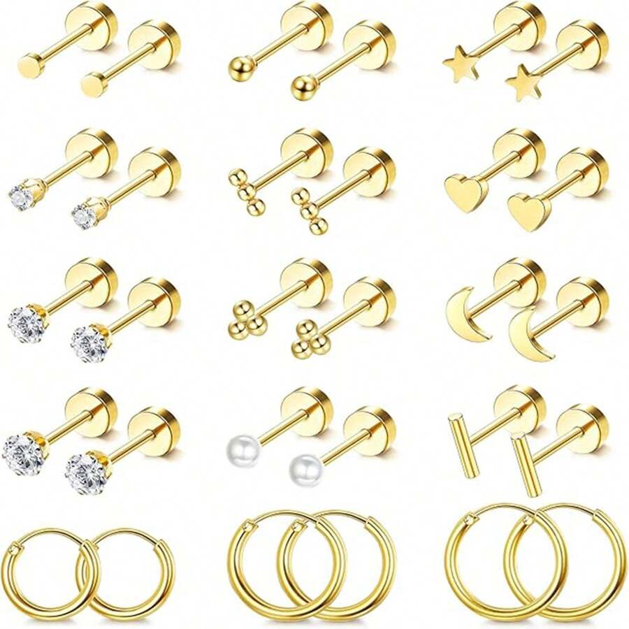 30pcs Small Hypoallergenic Flat Back Earrings, 14K Gold Plated Surgical Stainless Steel Earring Set, Unisex Screw Back Cartilage Earrings
