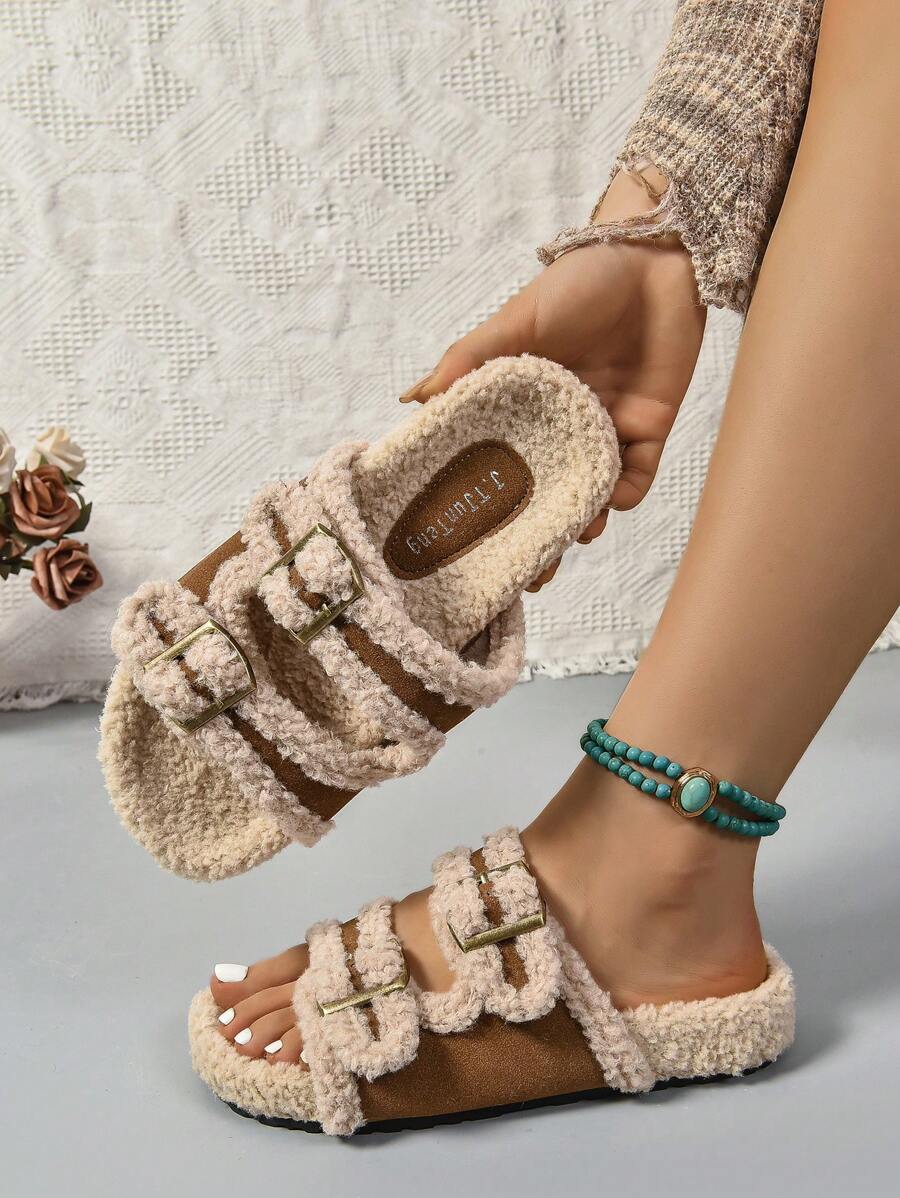 Women's Double Buckle Hollow Open Toe Flat House Slippers, Cozy Fluffy Winter Slippers