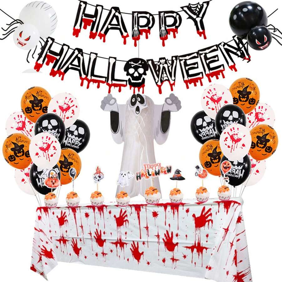 Halloween Balloon Set With Blood Color Banner, Ghost Horror Atmosphere Festival Party Decoration