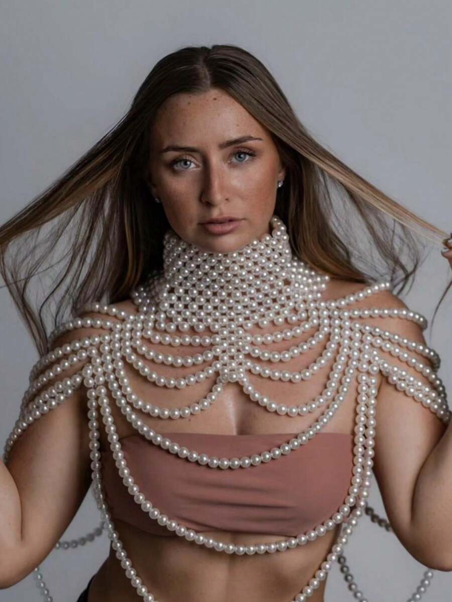 1 pezzo Collana multistrato di perle da sposa, collare a choker da regina in perle bianche finte, catena per il corpo femminile, perfetta per matrimoni, feste, sfilate di moda, compleanni e come regalo