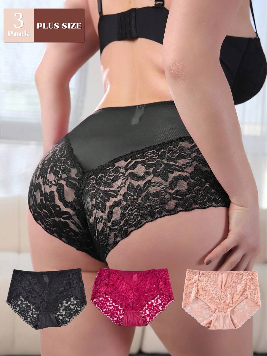 FOVTY 3 piezas Bragas de encaje sexy para mujer de talla grande