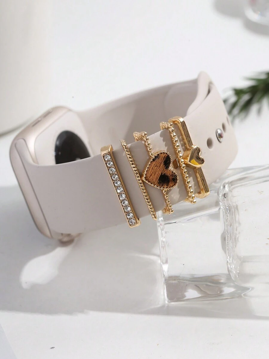 Set de 5 correas decorativas para Apple Watch de color dorado con diseños de corazón y estampado de leopardo para el Día de San Valentín