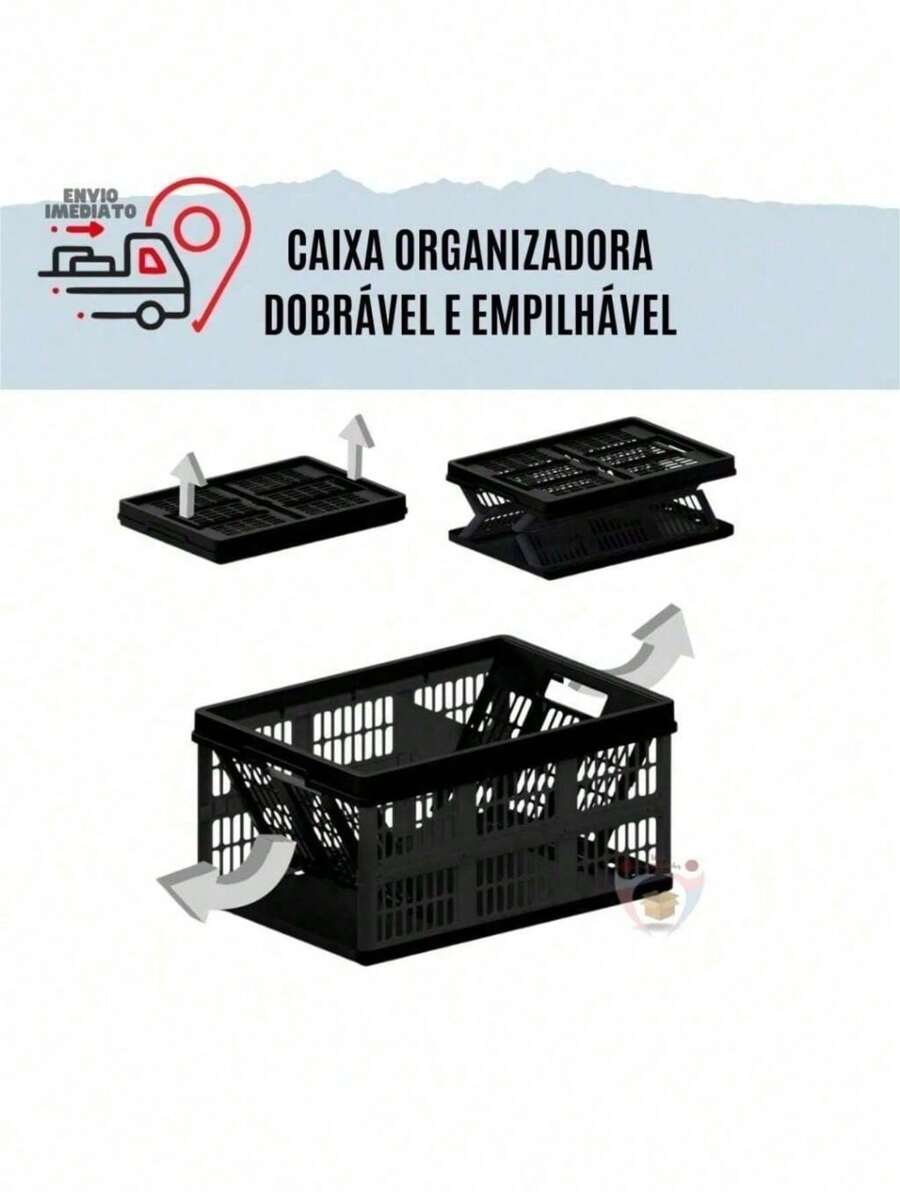 Caixa Plástica Dobrável Desmontável Empilhável Prática Organizadora Cesto 45 Litros Grande 38 x 54 x 27 Suporta Até 30 kilos