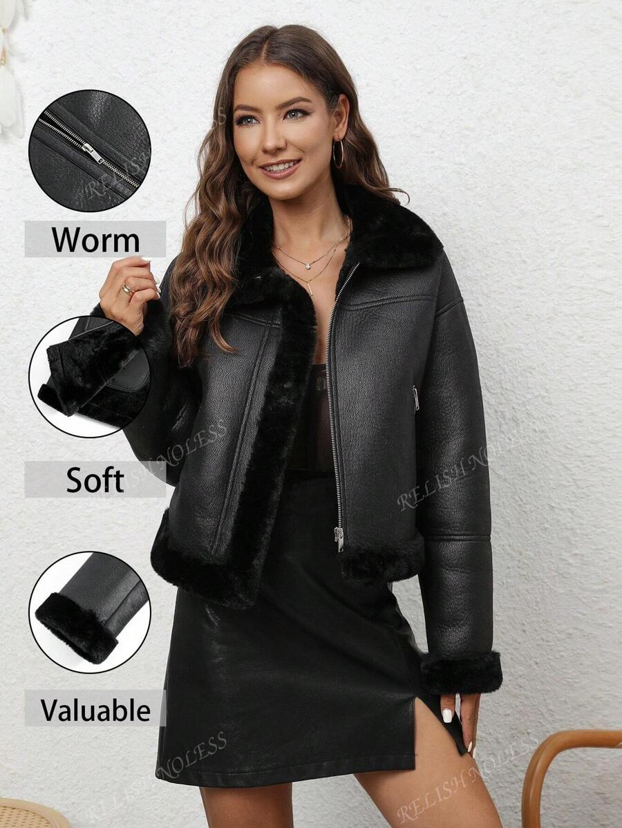 RELISH NOLESS Damen schwarze Lässig Jacke aus Kunstleder mit Kunstfellkragen