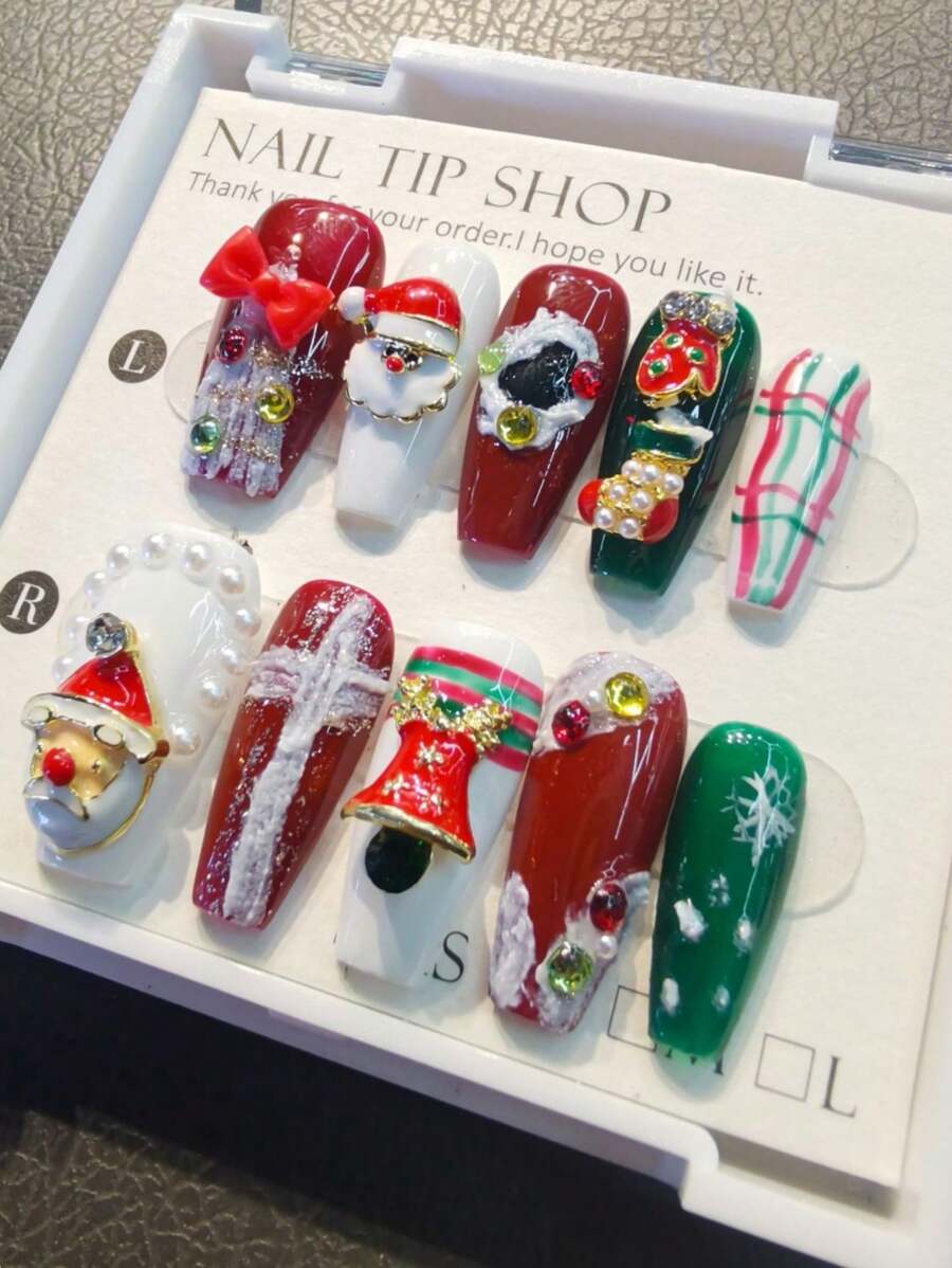 10 Long Coffin Press-On Nails Christmas Theme Nail Art Christmas Trees Metal Santa's, Clothing Christmas Candy Colorful Ripple Graphics Design Handmade Nail Nail Nail Fugitives Are Removed And Reused, Suitable For Women, Girls, Girls On Stage, Dance, Party Scenes, Girls 1 Slice Of Fruity Jelly Gel