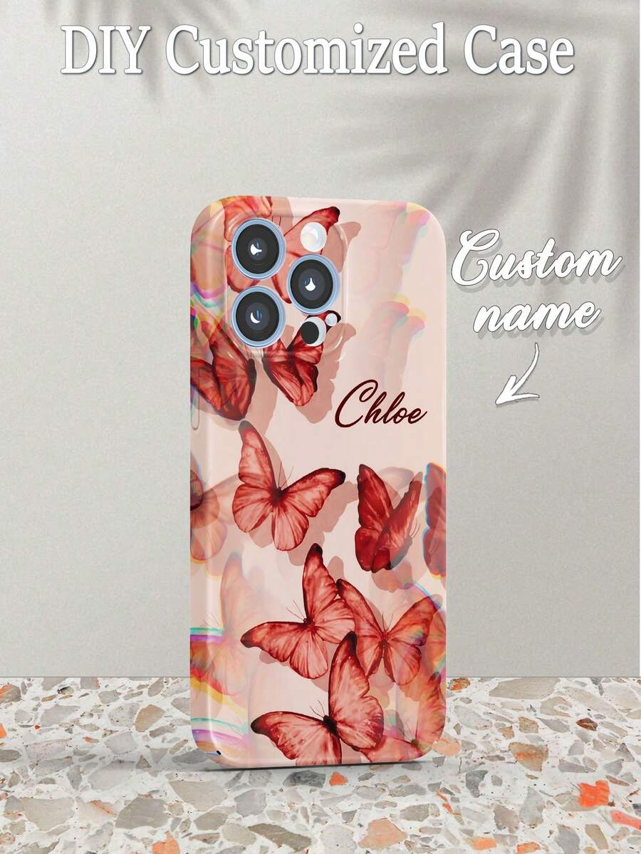 1pc Custom Phone Case, Red Butterfly Pattern Design, Can Be Customized With Name, Nickname, Letters, Text, Compatible With IPhone, Heat Transfer PC Protective Hard Shell, Anti-Fall Anti-Fingerprint Full-Wrap, Ideal For Personal, Couple, Family, Friend, Birthday, Anniversary Gift