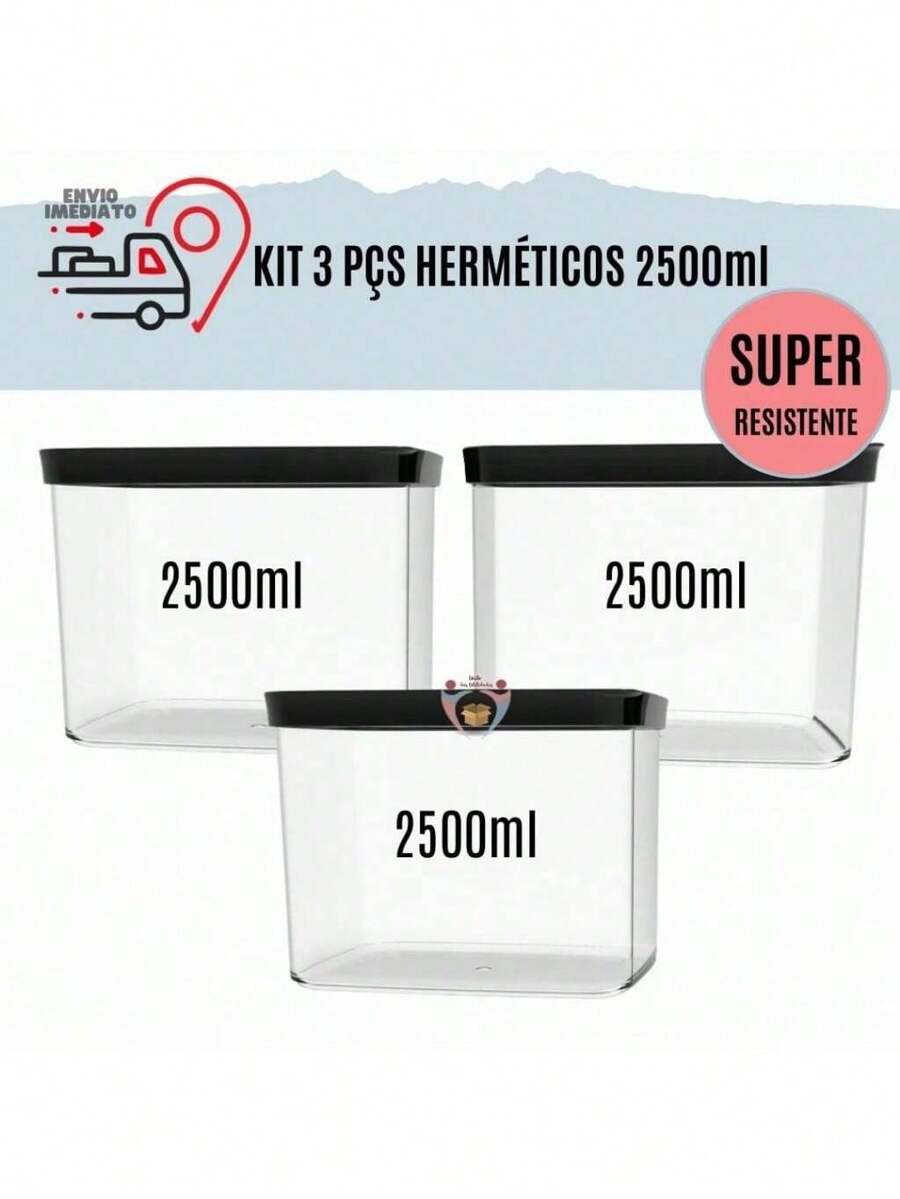 Conjunto Com 3 Potes Herméticos Cozinha 2,5 Litros Kit Com 3 potes Hermeticos 2500ml Porta Mantimentos para grãos arroz ração Resistente