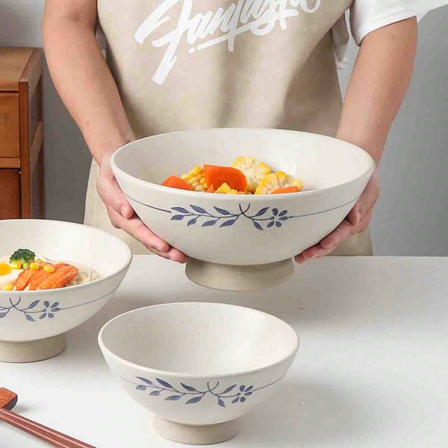 Tazón de ramen de estilo japonés de cerámica, de pie alto con forma de seta, vajilla rústica vintage para uso doméstico y comercial de restaurante, útiles escolares