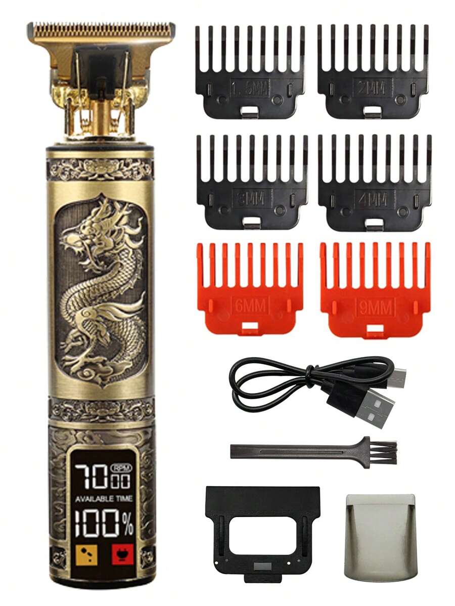 Recortadora de cabello T9, kit de aseo personal para hombres, pantalla digital, afeitadora eléctrica, Body de metal, diseño con patrón de dragón, mejor regalo para hombres, capacidad de batería: 1200mAh