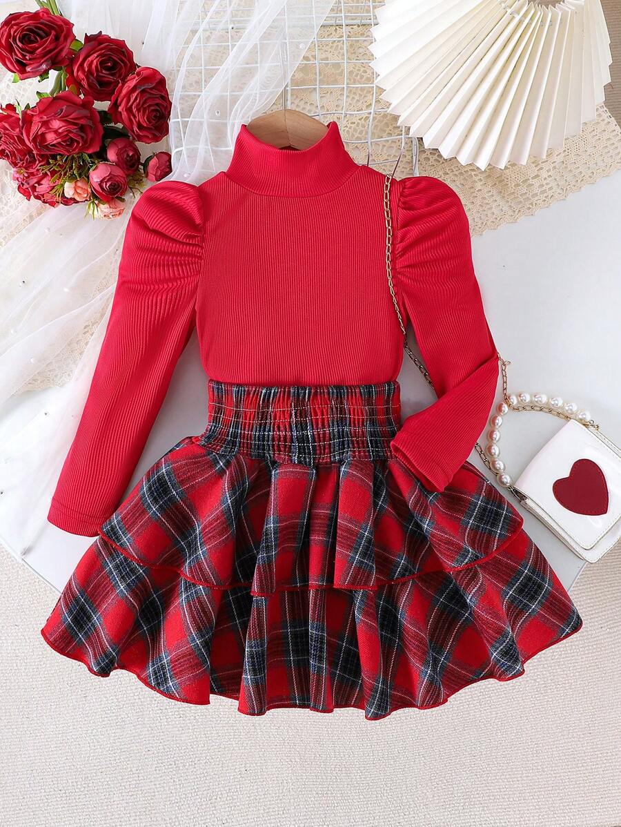 Conjunto de 2 peças de blusa de gola alta minimalista e saia xadrez estilo bolo para meninas, outono/inverno fino