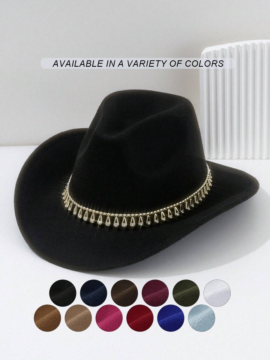 1pc Unisex Solid Color Felt Cowboy Hat, Paired With Gold Raindrop Teardrop Decoration Belt, Low-Key Luxurious British Style Retro Bohemian Punk Hat, Suitable For Parties, Western Themed Events, Gatherings, Engagement Parties, Cosplay, Graduation Ceremonies, Masquerade Balls, Festivals, Weddings, Birthdays, Music Festivals, Coming-Of-Age Ceremonies